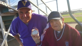 After the Vermilion Sailors 3-0 victory over the Huron Tigers, Coach Jeff Keck gave former Vermilion baseball coach Gene Nickley a baseball signed by the varsity team.